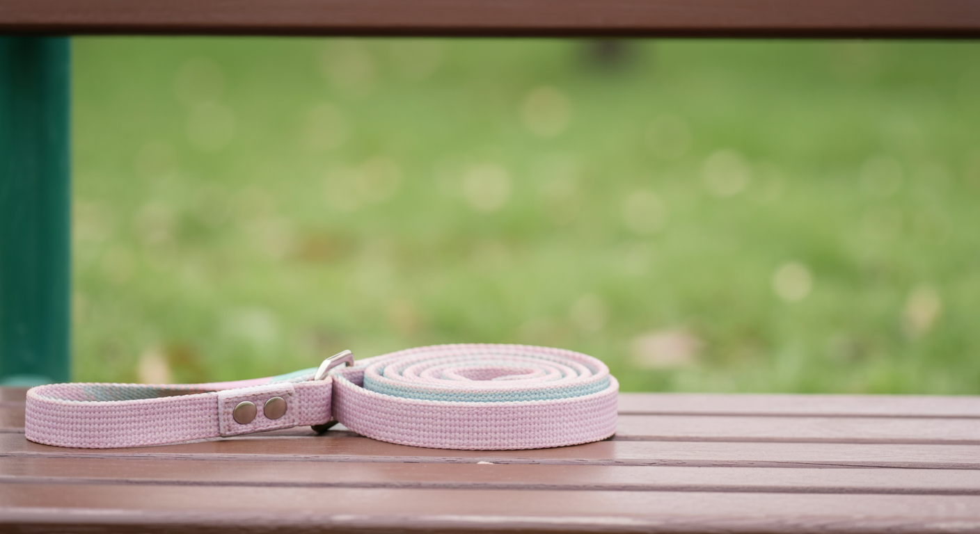 ドッグランのベンチの上に、きれいに巻かれたパステルカラーのリードが置かれている。