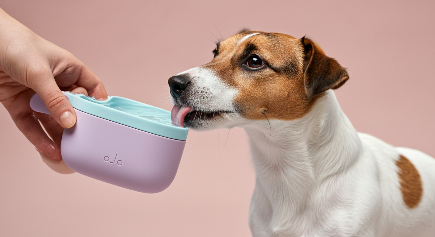 携帯用のウォーターボウルから水を飲む犬の口元のアップ