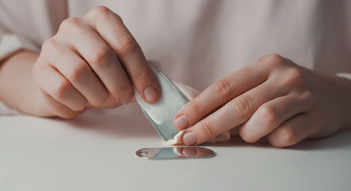 柔らかい布で小さなシルバーの迷子札を丁寧に磨いている様子。手入れと愛情を象徴する写真。