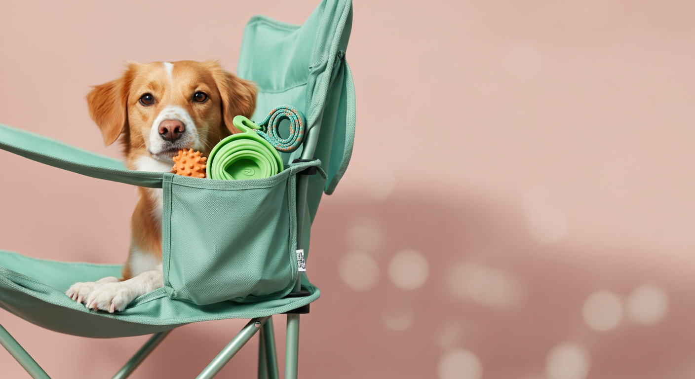 サイドポケットに犬用グッズが収納された椅子のクローズアップ。機能性の高さをアピールしている。