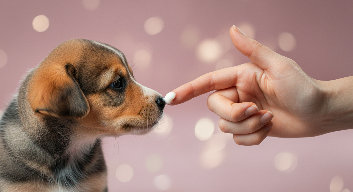 指先に乗せた少量の白いクリームを、子犬が興味深そうに匂いを嗅いでいる様子のマクロ写真。