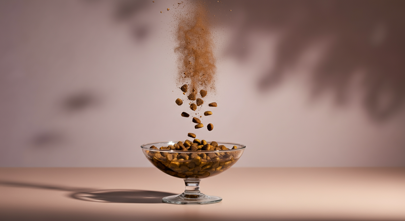 穏やかな消化を象徴する、液体の中でドッグフードが優しく溶けていく様子のコンセプト写真。