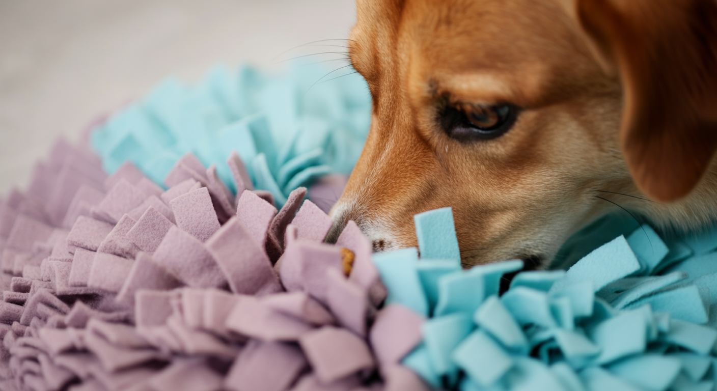 パステルカラーの知育トイ(スナッフルマット)に隠されたおやつを、犬が鼻を使って探している様子のクローズアップ。