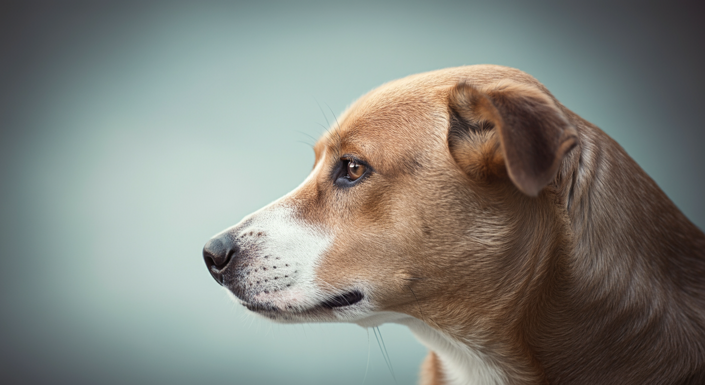 少し耳を後ろに倒している犬の横顔のクローズアップ。犬のボディランゲージを示している。