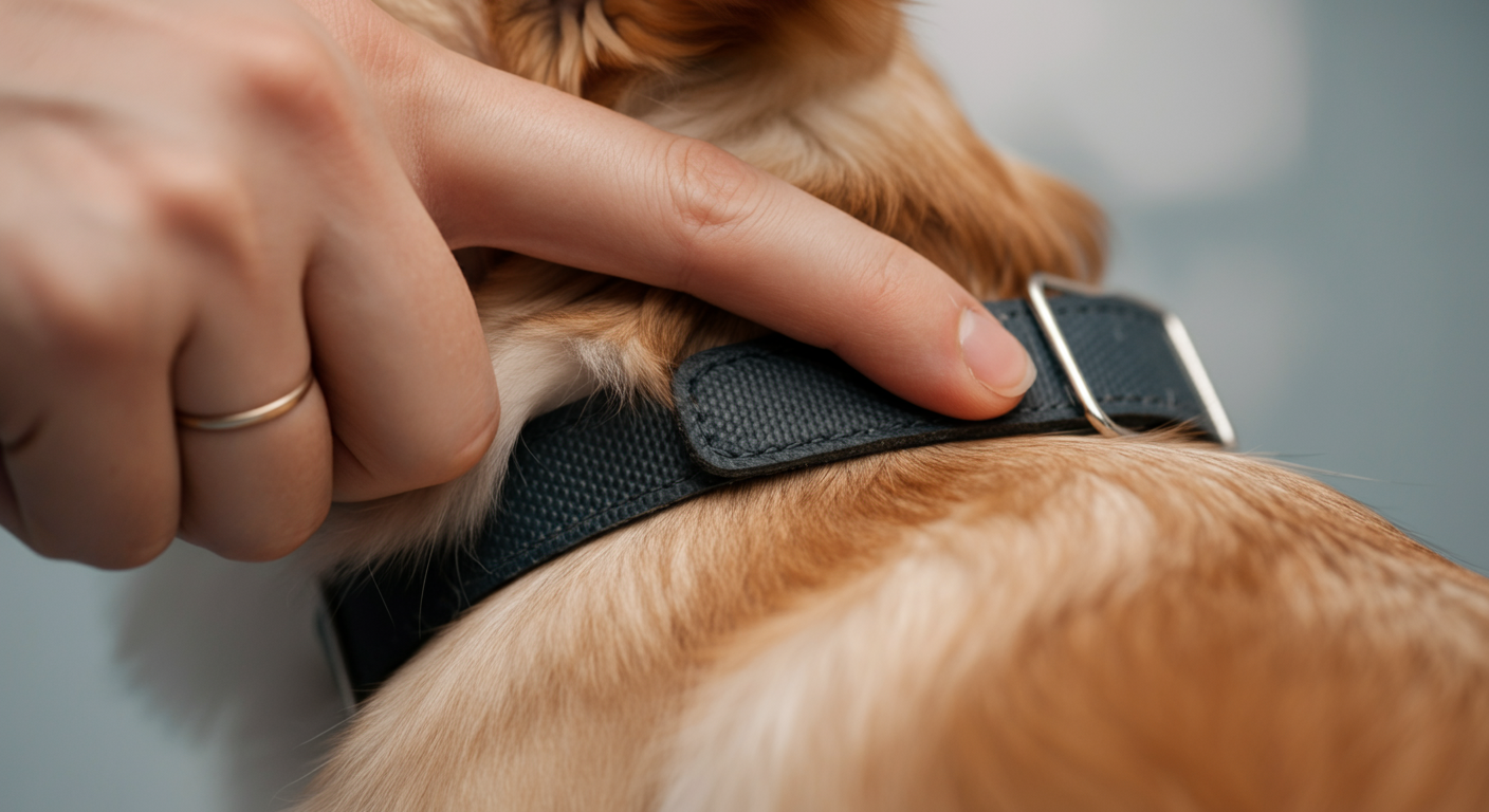 犬が着けているマナーベルトの端を人の指がそっと持ち上げ、その下の皮膚の状態を確認している様子を写したマクロ写真。