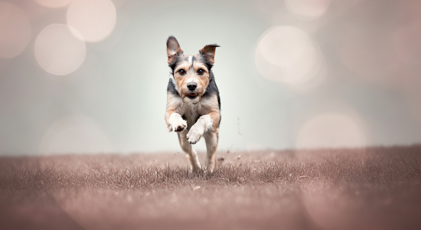 パステルカラーのミニマルな空間で、走り出す瞬間の犬の足元をローアングルで捉えたモーションブラー写真。