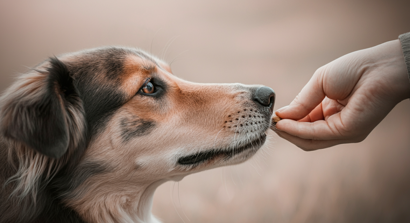 人の手が犬の鼻先に優しくおやつを差し出しているクローズアップ。