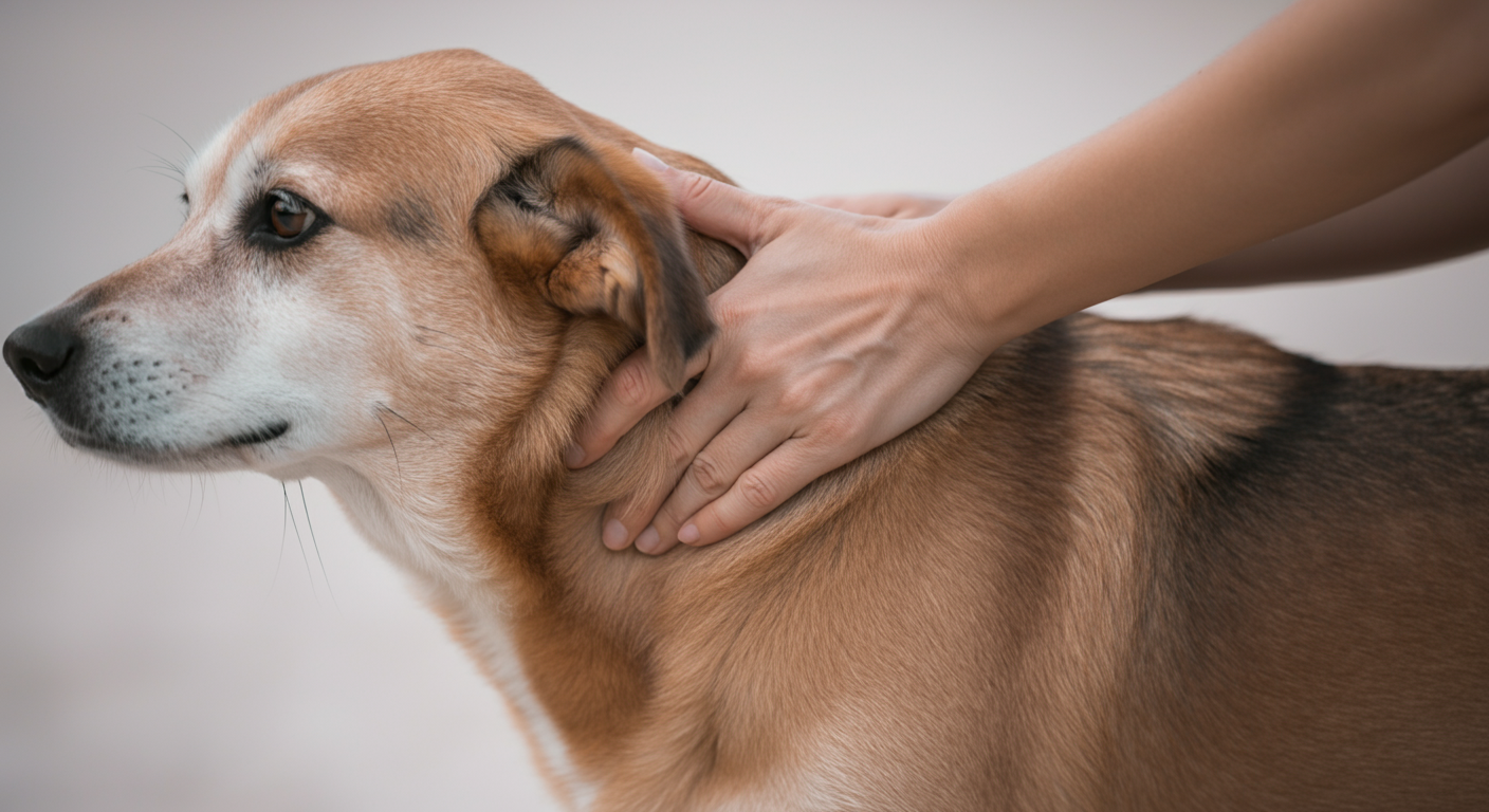 犬の肩を優しくマッサージしている飼い主の手元。