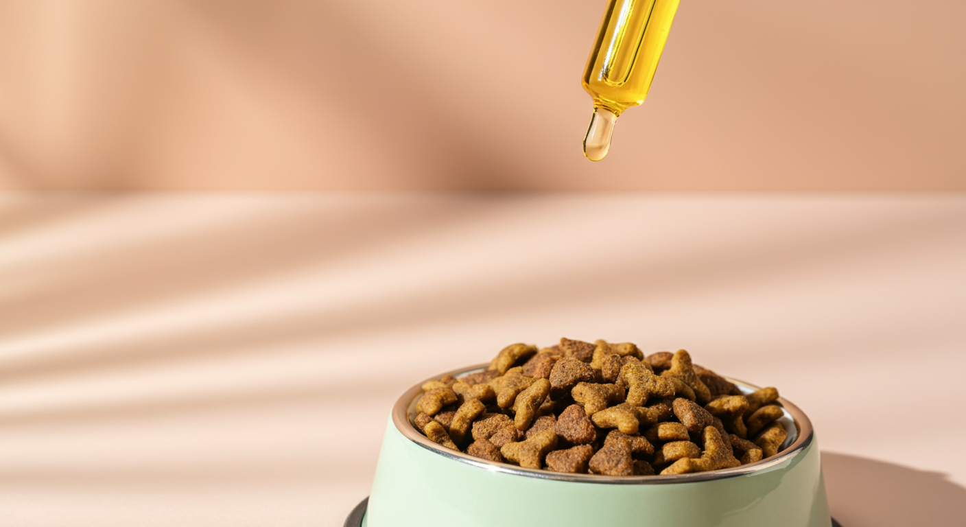 犬のフードボウルに、栄養補助食品であるオイル状のサプリメントを数滴垂らしている様子のマクロ撮影。