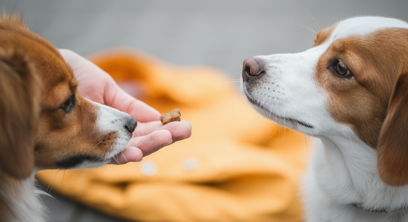 飼い主の手が、犬に優しくおやつをあげている。背景には淡い色のレインコートがぼかして写っている。