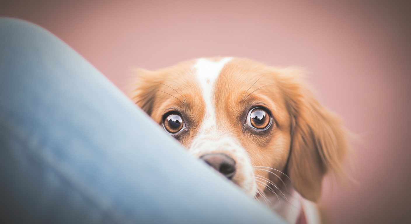 飼い主の足の後ろから、不安そうな大きな目でのぞき込む小さな犬のクローズアップ。犬の臆病な気持ちを表現している。