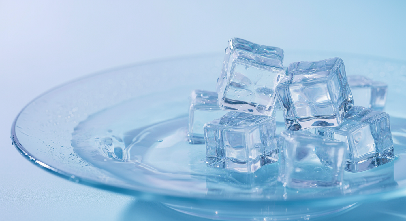 涼しげな水色の水入れの中で氷がカランと音を立てている、涼やかで爽やかな抽象的な写真。