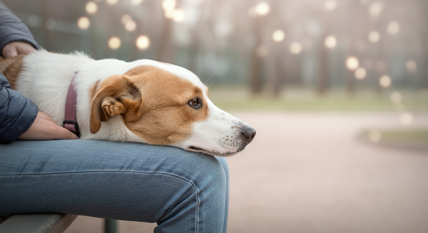 ドッグランのベンチで、飼い主の膝に顎を乗せてリラックスしている犬の写真。