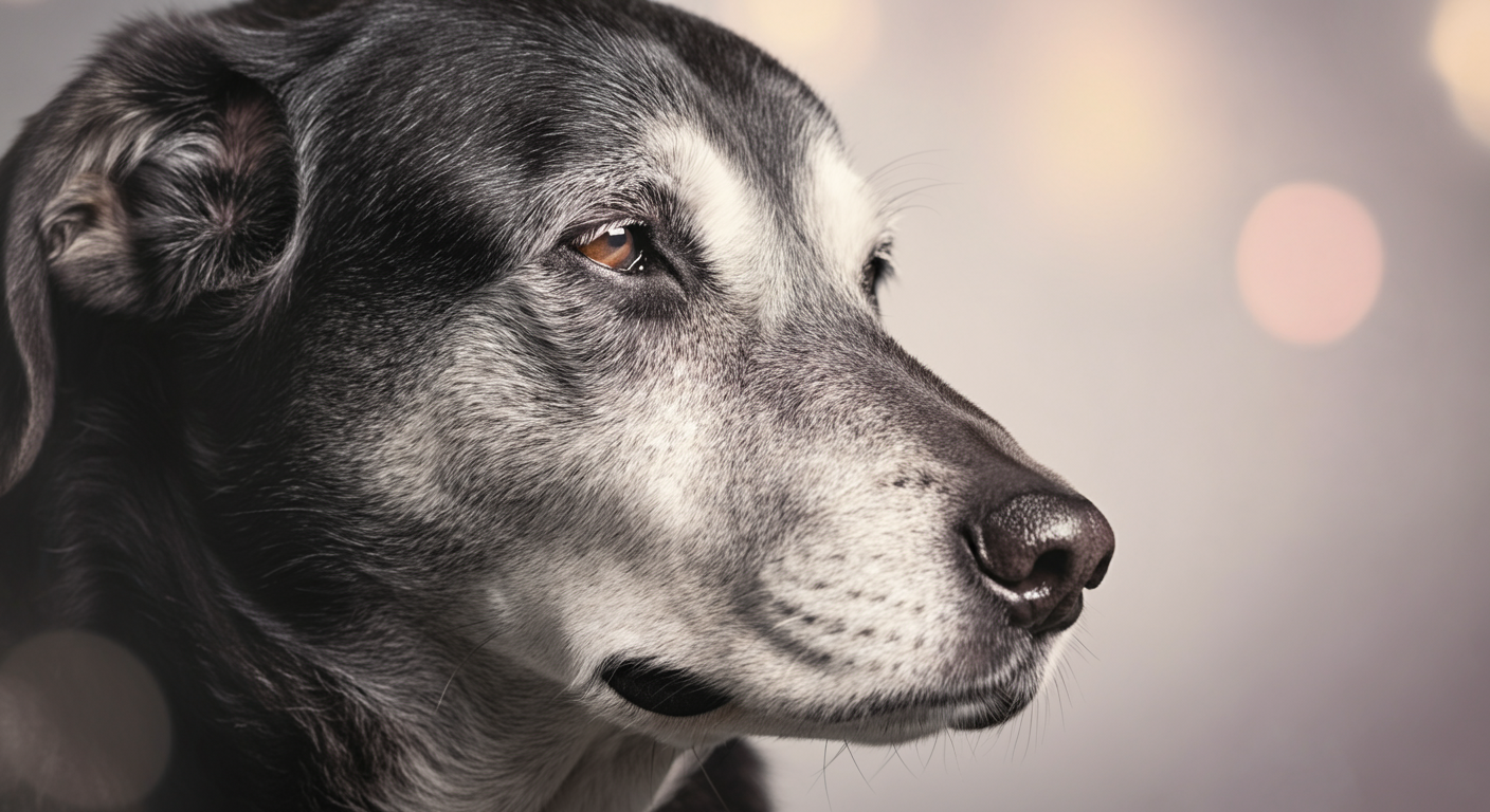 穏やかな表情で目を閉じた、一匹のシニア犬の白髪混じりの鼻先のクローズアップ。