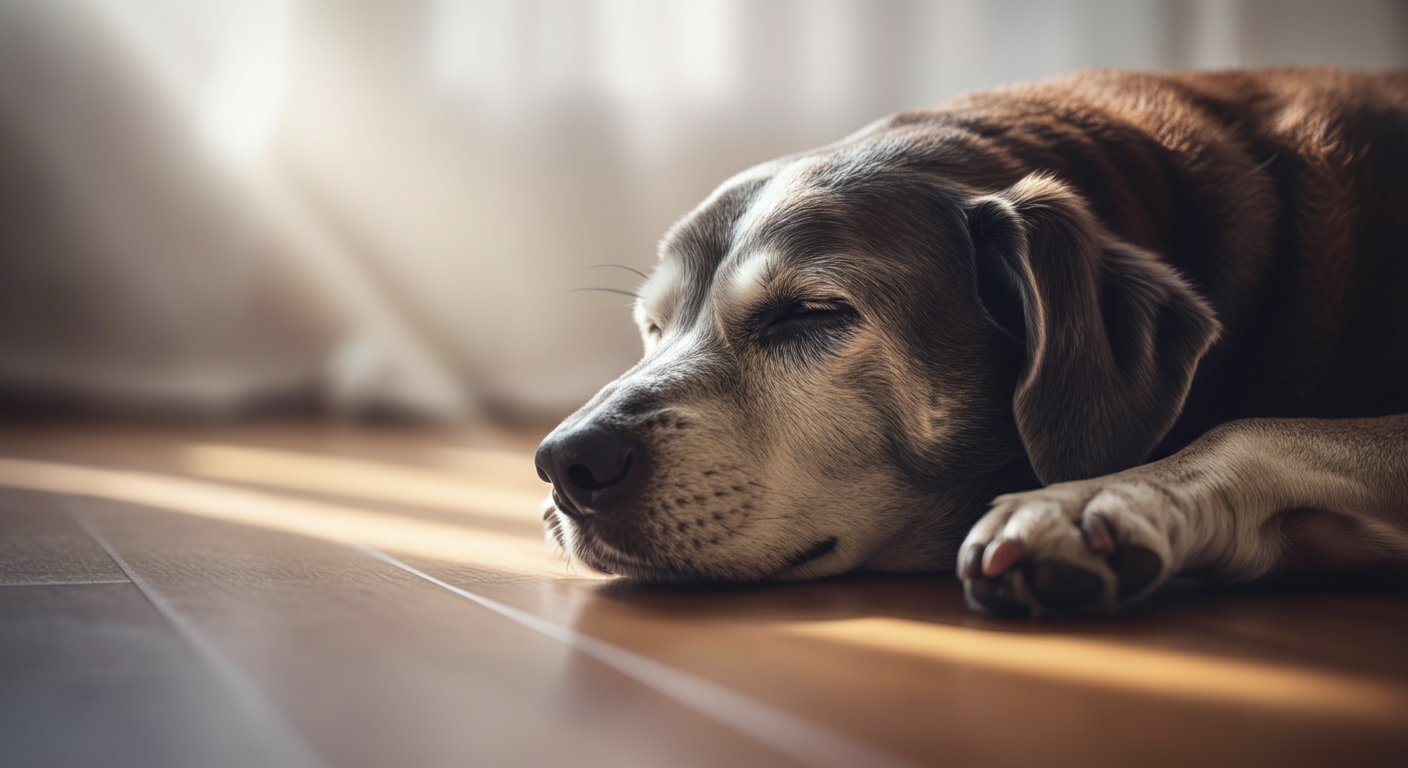 フローリングの床に差し込む光の中で眠るシニア犬のシルエット