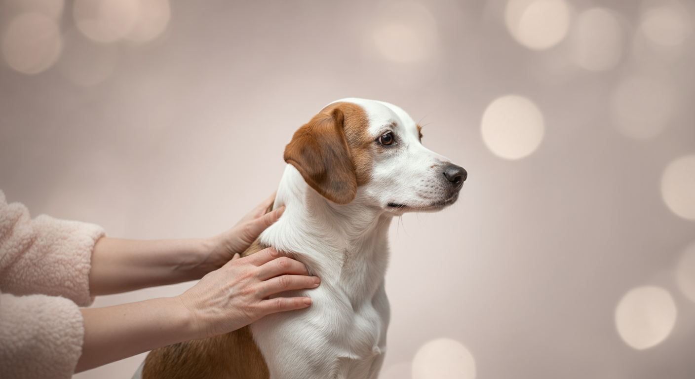 ドッグランの片隅で、飼い主の手によって優しく肩をマッサージされている落ち着いた犬。