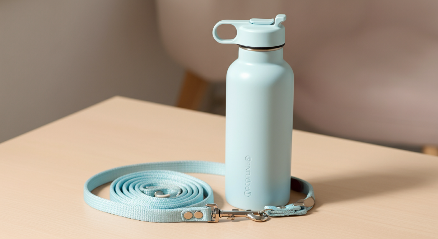 パステルブルーのリードとお揃いの水筒が、おしゃれな木製テーブルの上に置かれているミニマルな写真。