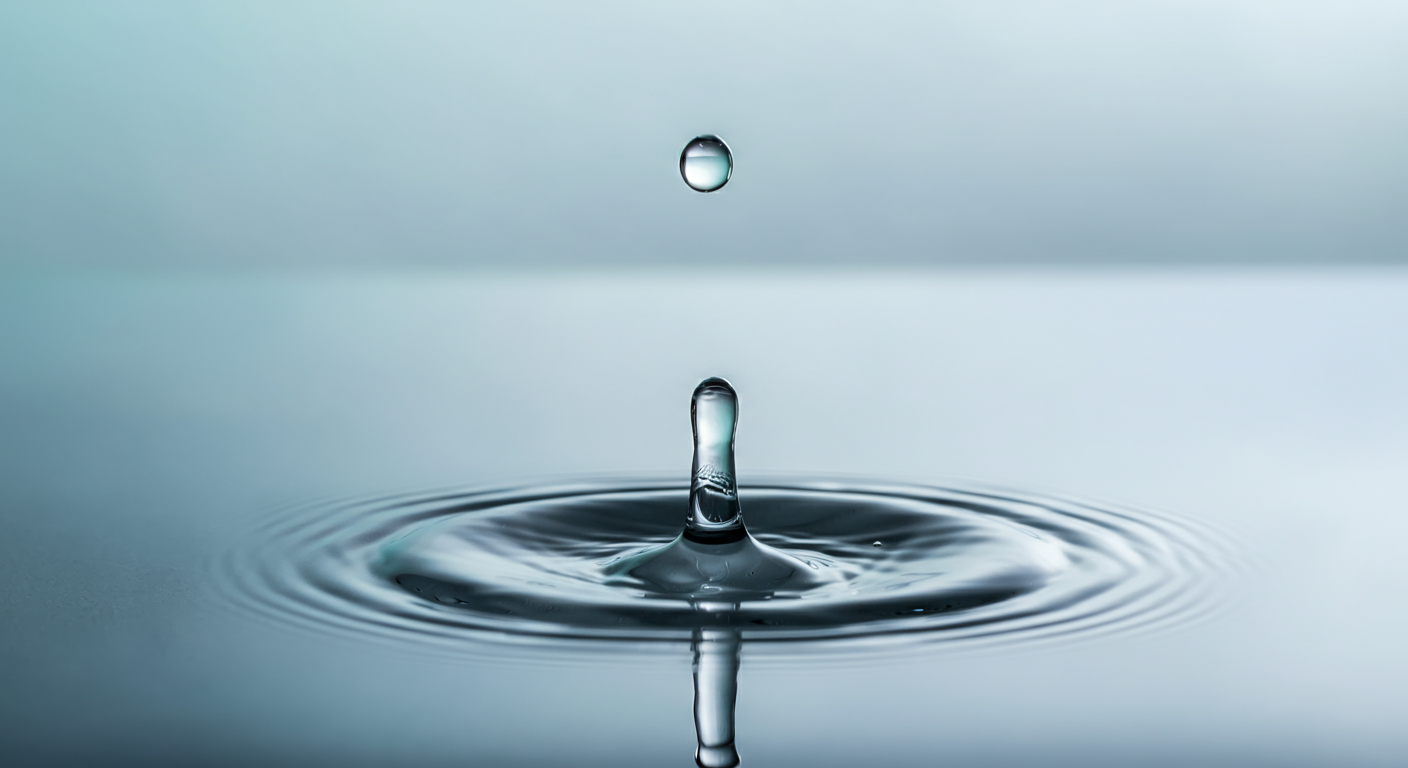 パステルカラーの背景で、水面に透明な液体が一滴落ちて波紋が広がる瞬間の抽象的な写真。化学物質の注意喚起をイメージさせる。