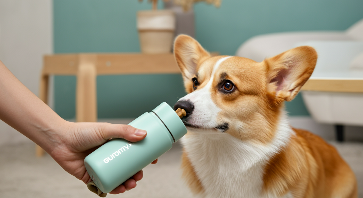 飼い主が持つミントグリーンの給水ボトルの飲み口に犬用おやつが置かれ、犬が興味深そうに匂いを嗅いでいる。