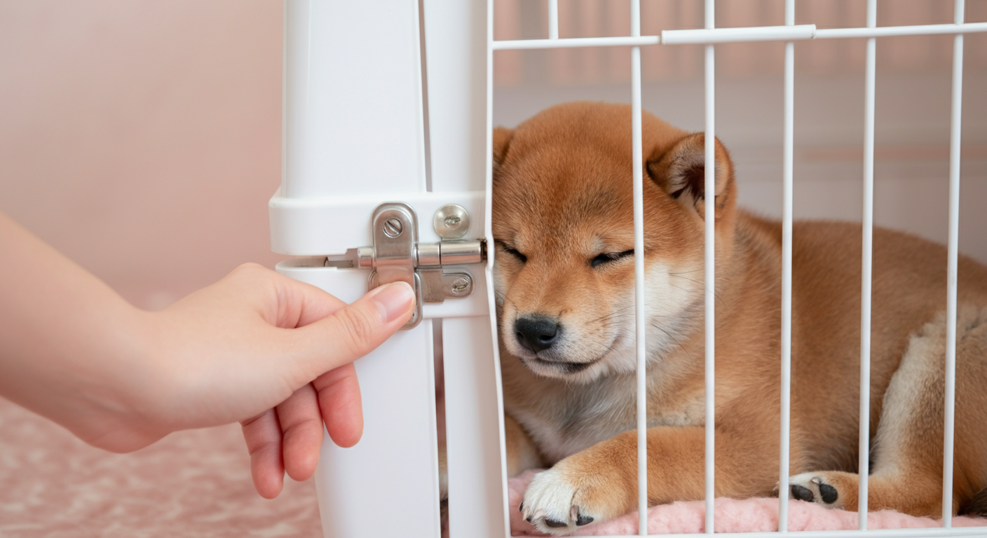 白いクレートのドアの掛け金にそっと置かれた人の手。中では柴犬の子犬が安らかに眠っている。