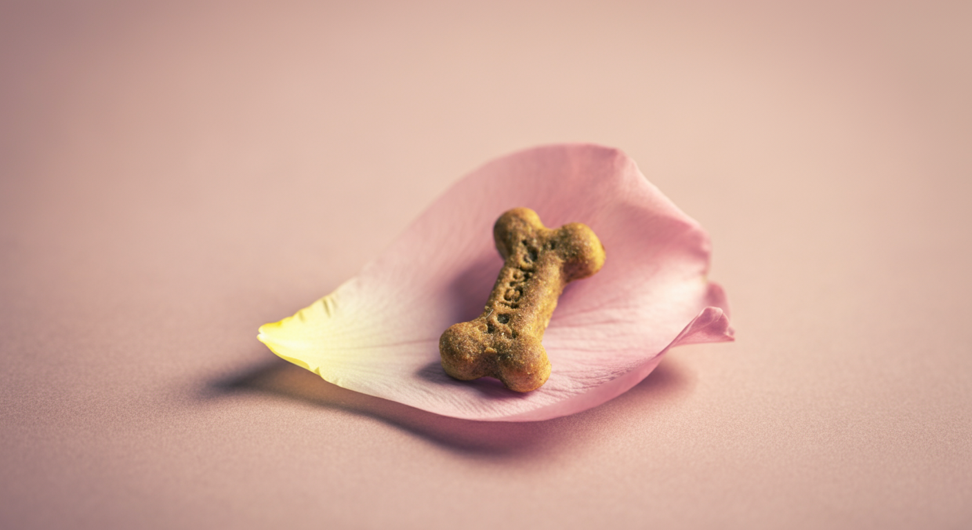 新しい環境でのポジティブなご褒美を象徴する、花びらの上に置かれた特別な犬用おやつのマクロ撮影。