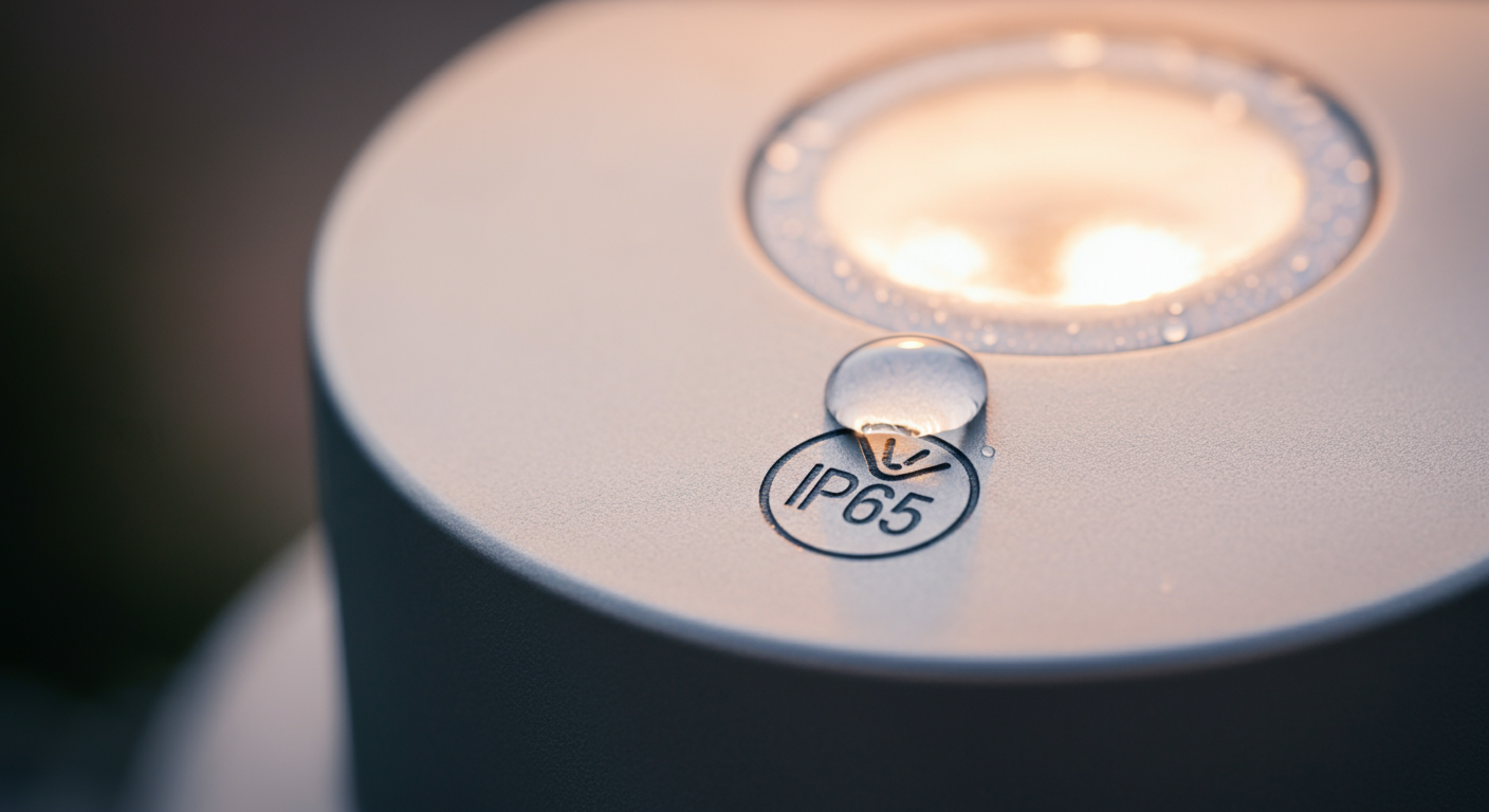 防水等級IP65の刻印と水滴のクローズアップ