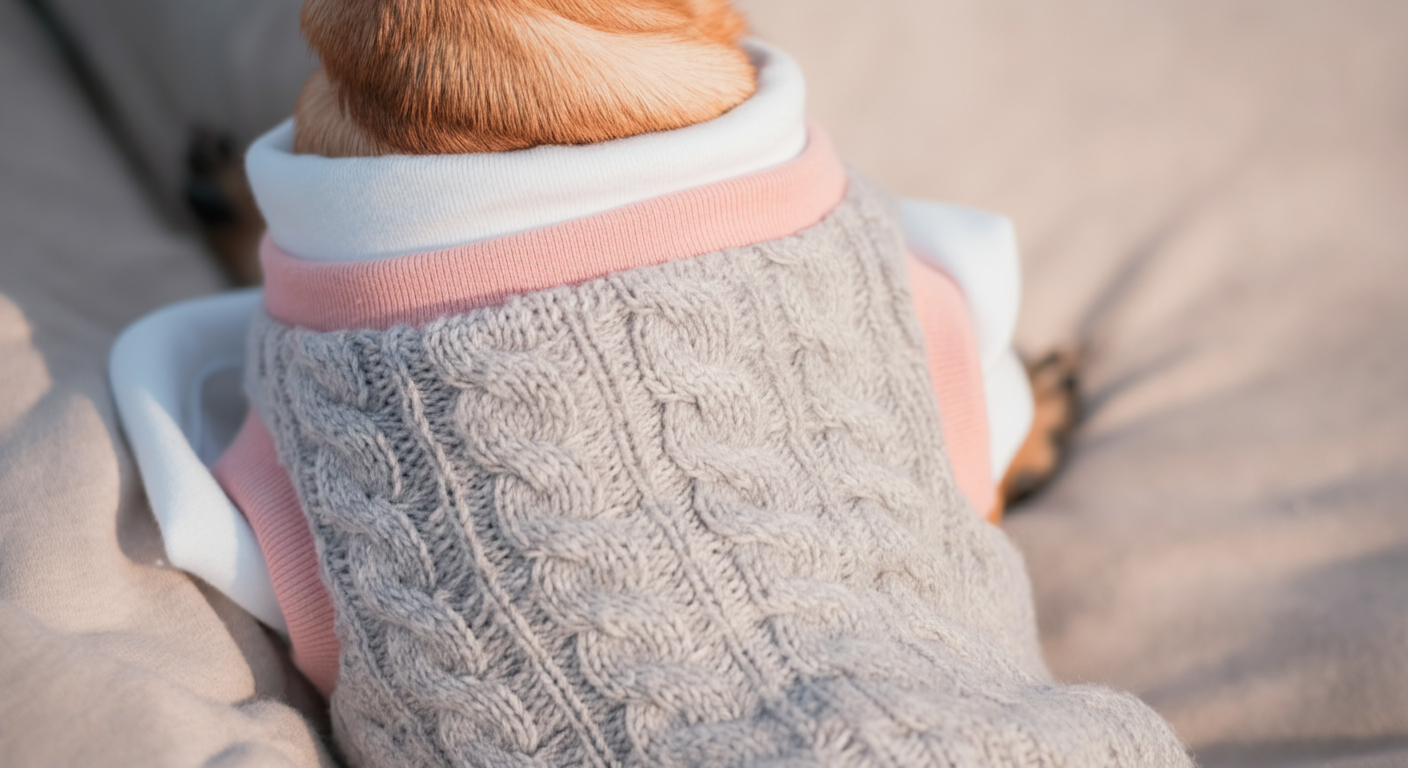 パステルカラーの犬用ニットベストの下からのぞく、薄いコットンシャツの重ね着のディテールショット。