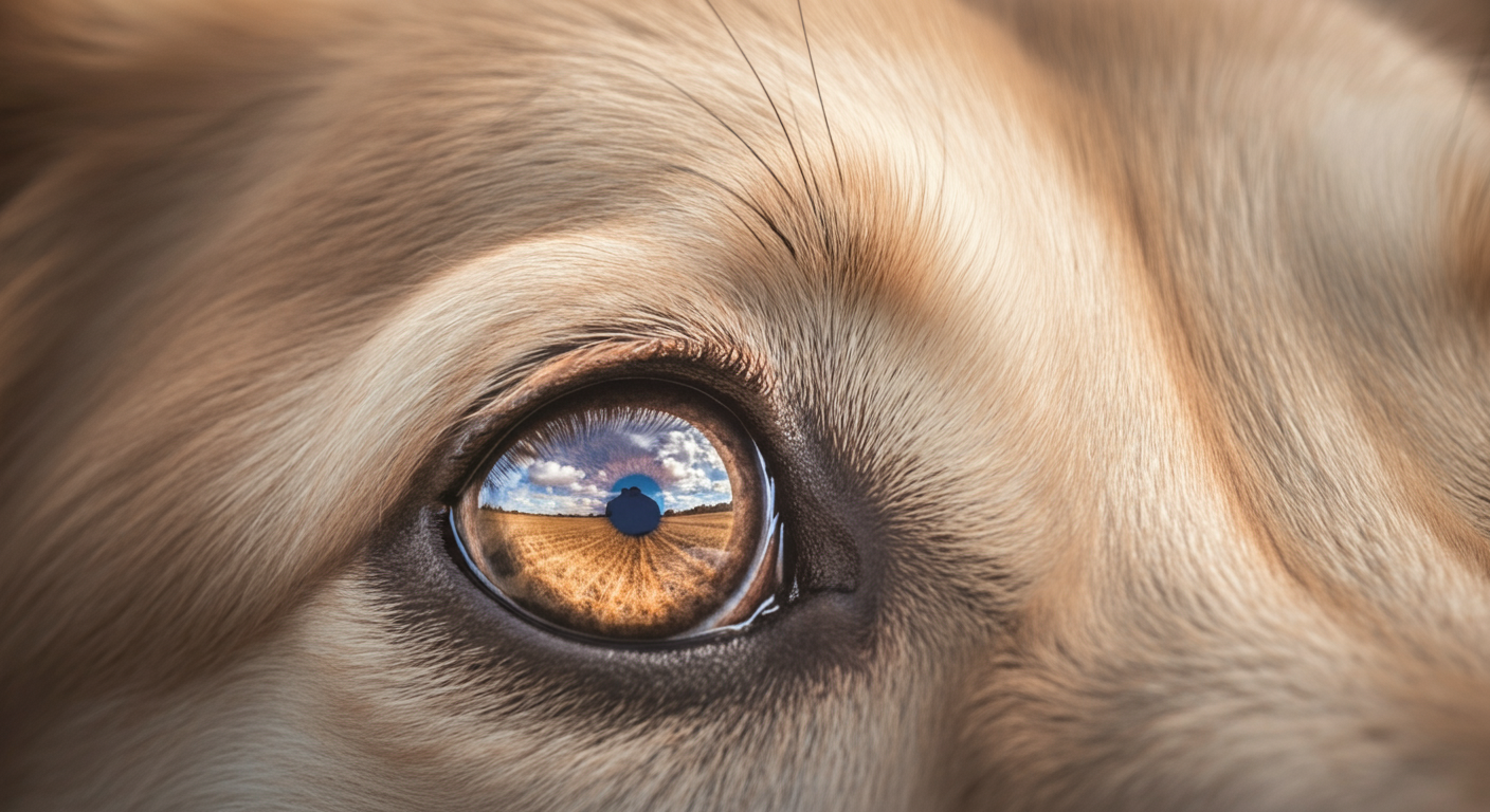 不安そうに遠くを見つめる犬の瞳のクローズアップ写真