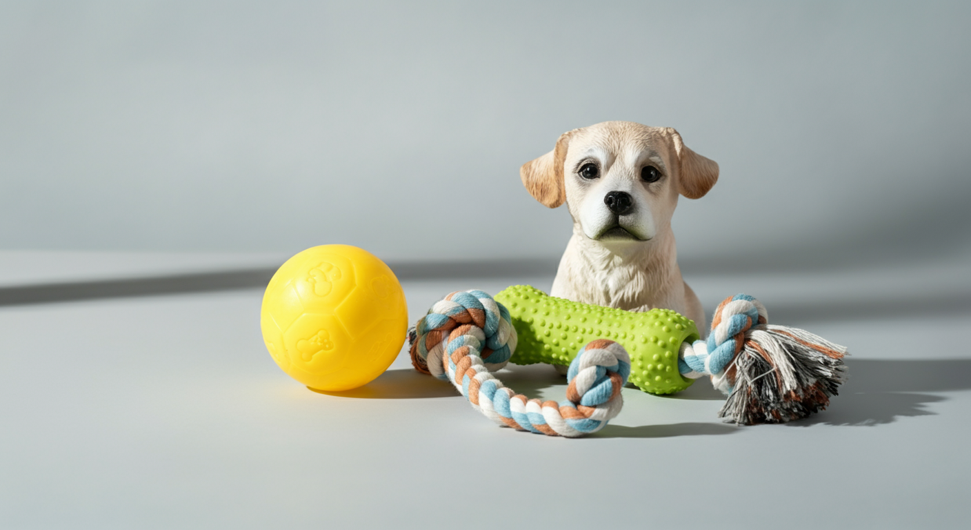 子犬用、成犬用、シニア犬用と、異なるタイプの3つのおもちゃが並べられている。様々なライフステージを象徴している。