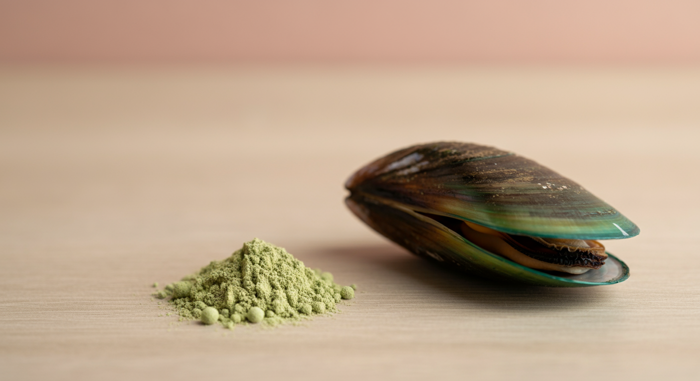 美しい緑イ貝の殻と、その隣に置かれた緑イ貝エキスの粉末。