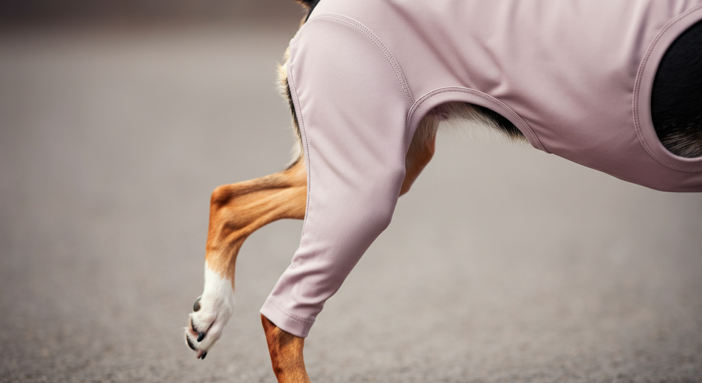 伸縮性のあるドッグスーツを着て走る犬の足の動きを捉えた、ダイナミックで抽象的なショット。