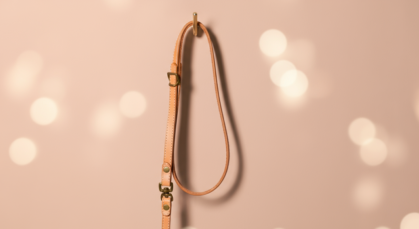 パステルカラーの壁のフックに、上質な革製のリードがシンプルに掛けられている。