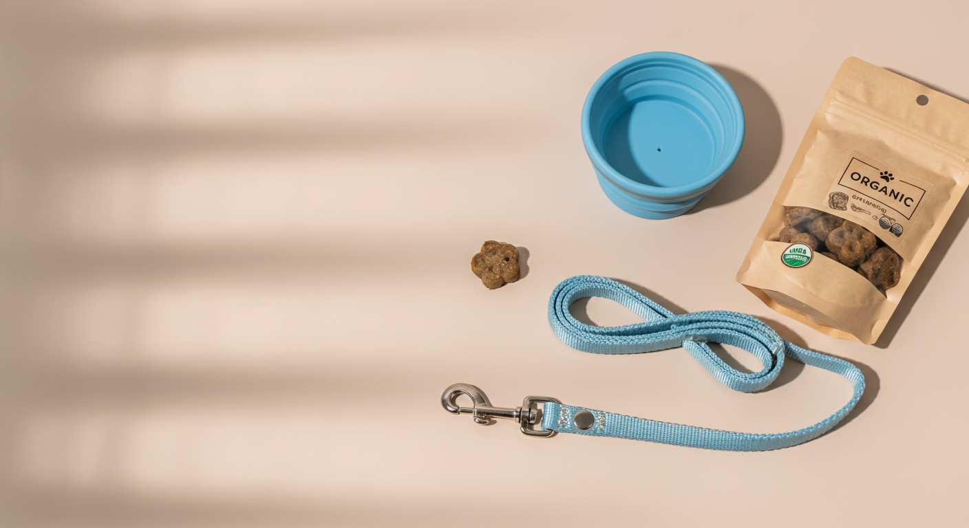 パステルカラーのリード、おやつ、水入れがミニマルな背景に並べられているおしゃれな写真。