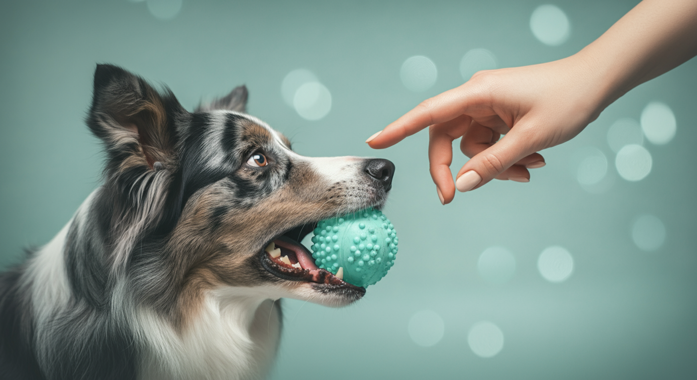 飼い主の手が、ボーダーコリーの口からミントグリーンの丈夫なボールを優しく取り上げている、ミニマルな写真。