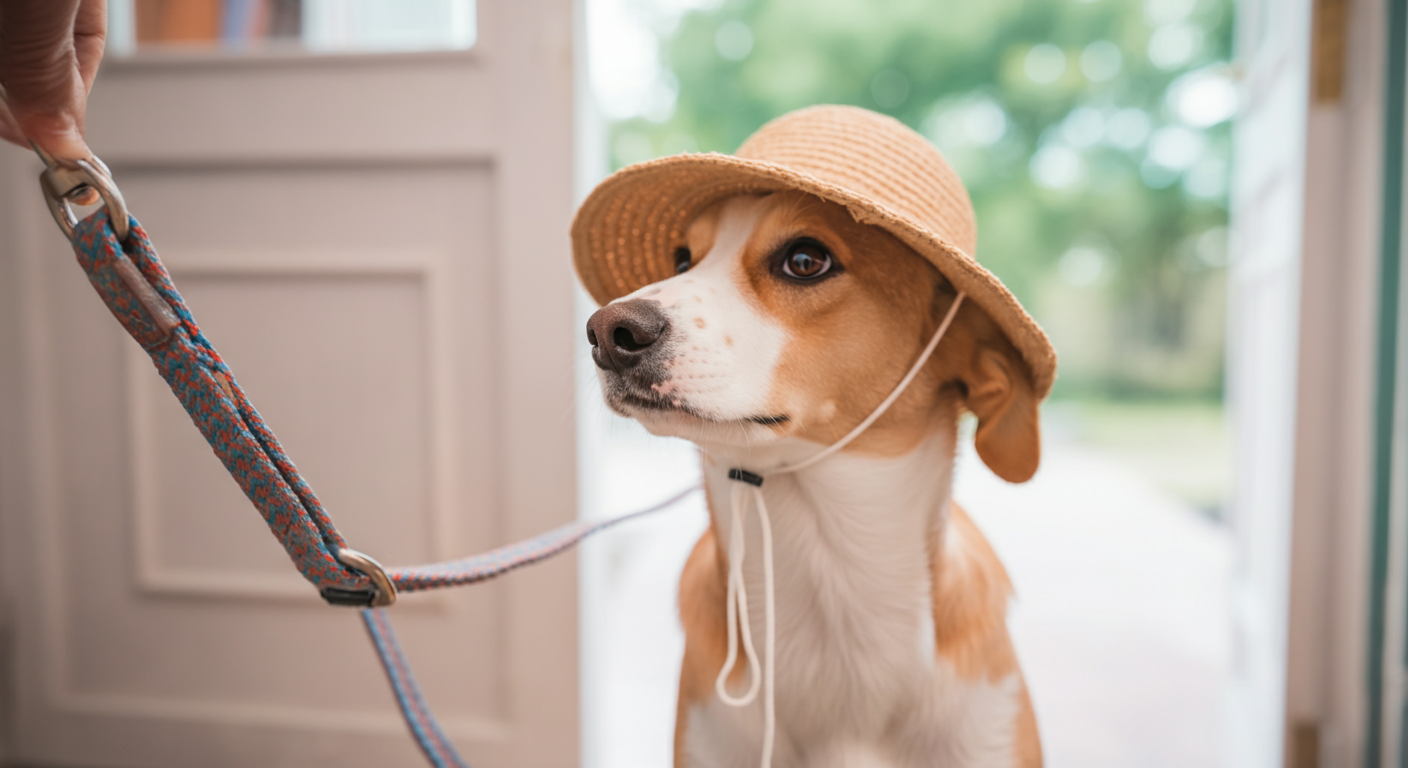 犬のリードの金具のクローズアップ。背景ではUVハットをかぶった犬が、散歩に行きたそうに玄関のドアを見つめている。