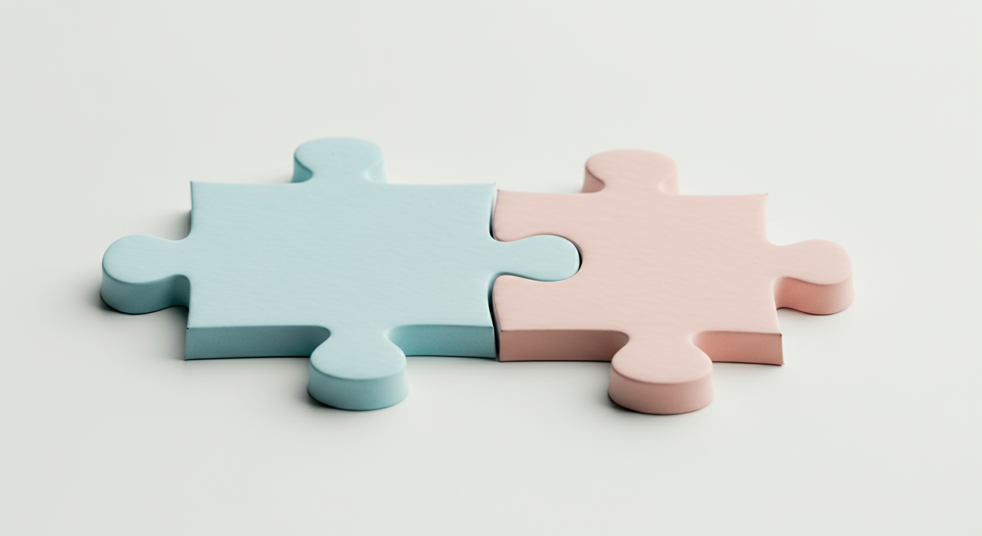 パステルブルーとパステルピンクのパズルのピースが、白い背景の上で完璧にはまっている抽象的な写真。