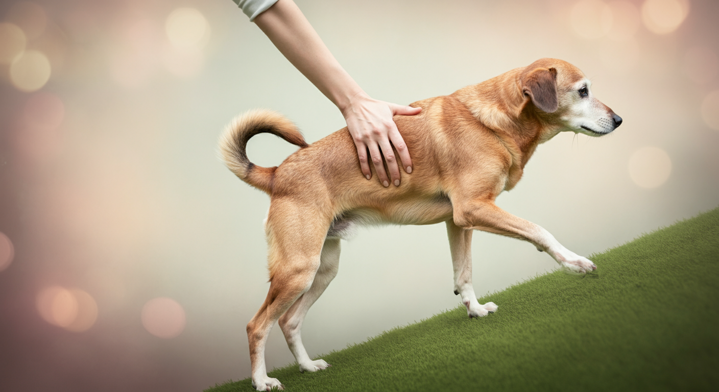 シニア犬が緩やかな坂を上るのを、飼い主が手で優しくお尻を支えてサポートしている様子。
