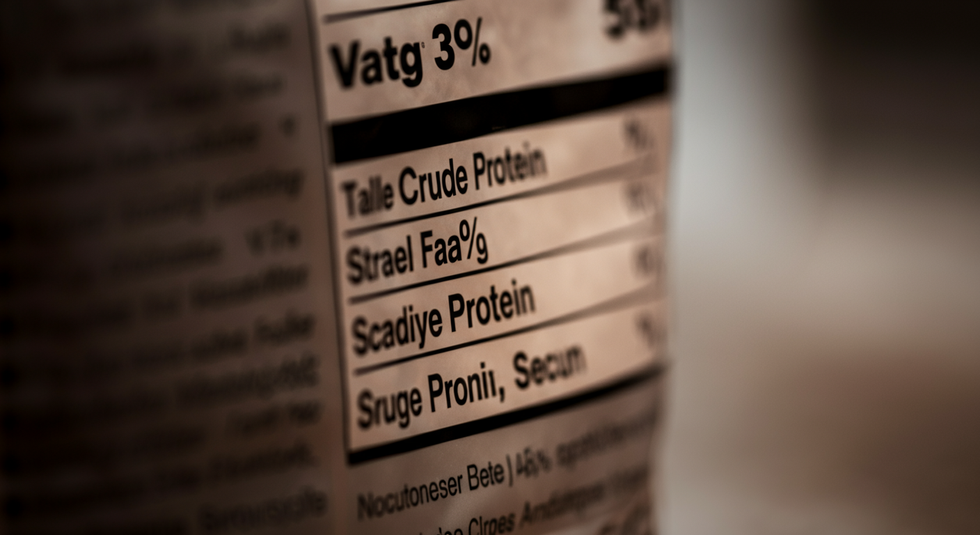 ドッグフードのパッケージの成分表示ラベルのクローズアップ。「粗タンパク質」の項目に光が当たり、強調されている。適切なフード選びをイメージした写真。