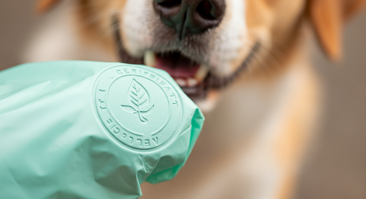 ミントグリーンのうんち袋に型押しされた、葉の形をしたエコ認証マークのクローズアップ。