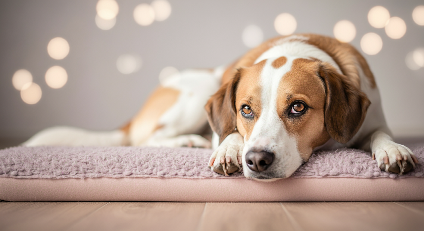パステルカラーのマットの上でリラックスして伏せている犬
