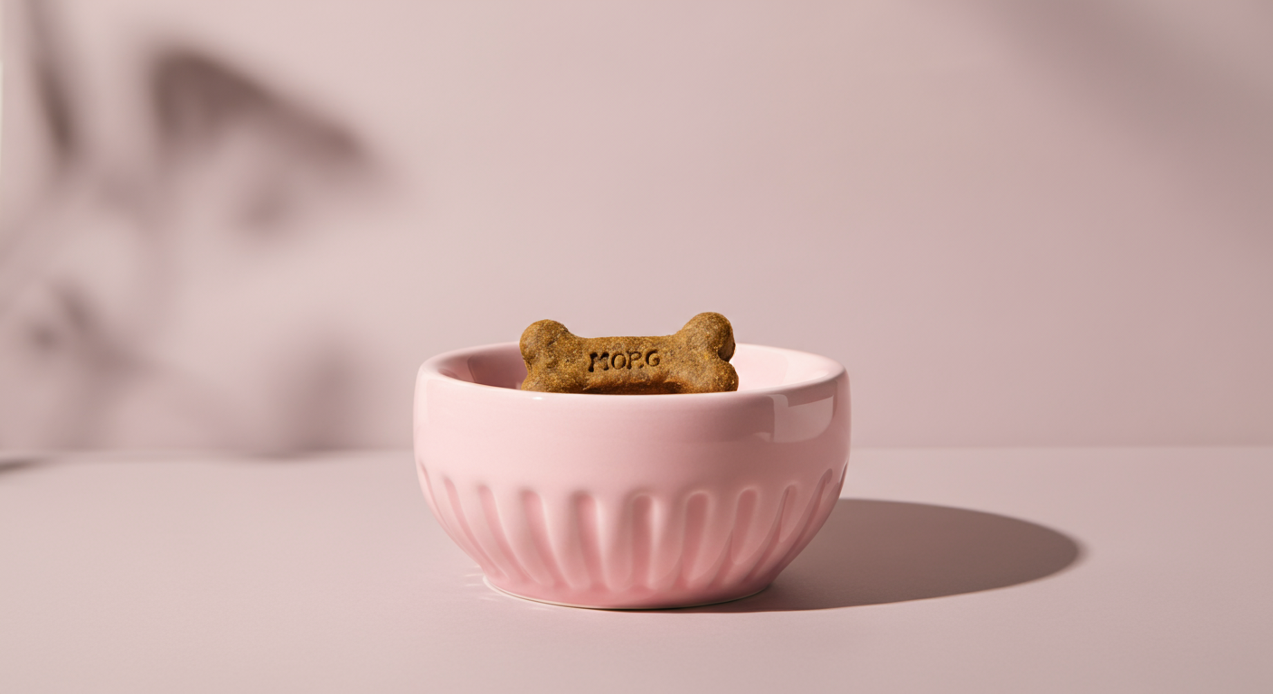 パステルピンクのセラミックボウルの真ん中に、一粒だけ置かれた犬用おやつ。マクロ撮影で特別感が強調されている。