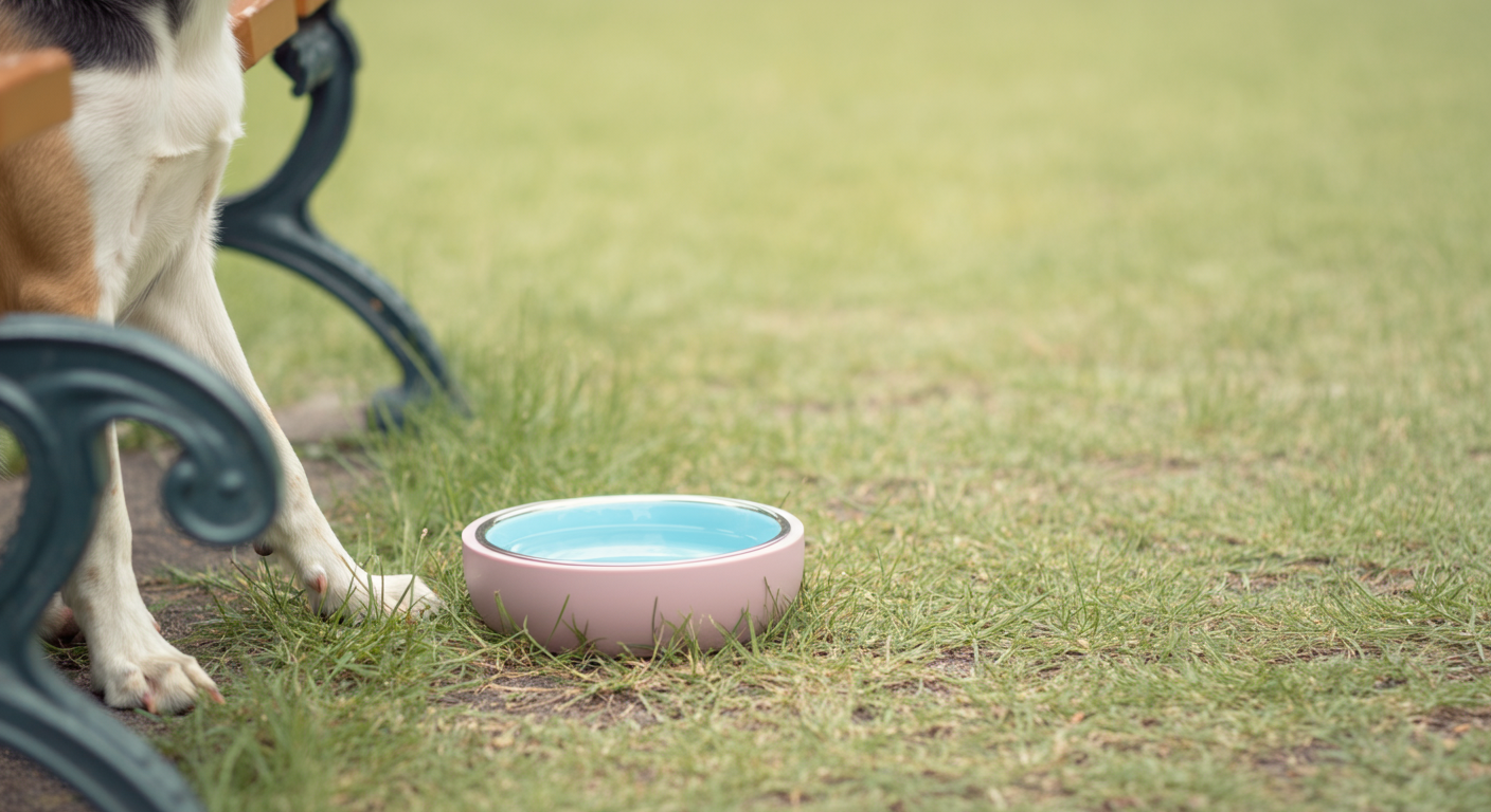 公園のベンチのそばに置かれた水入れと犬の足。休憩の重要性を示す写真