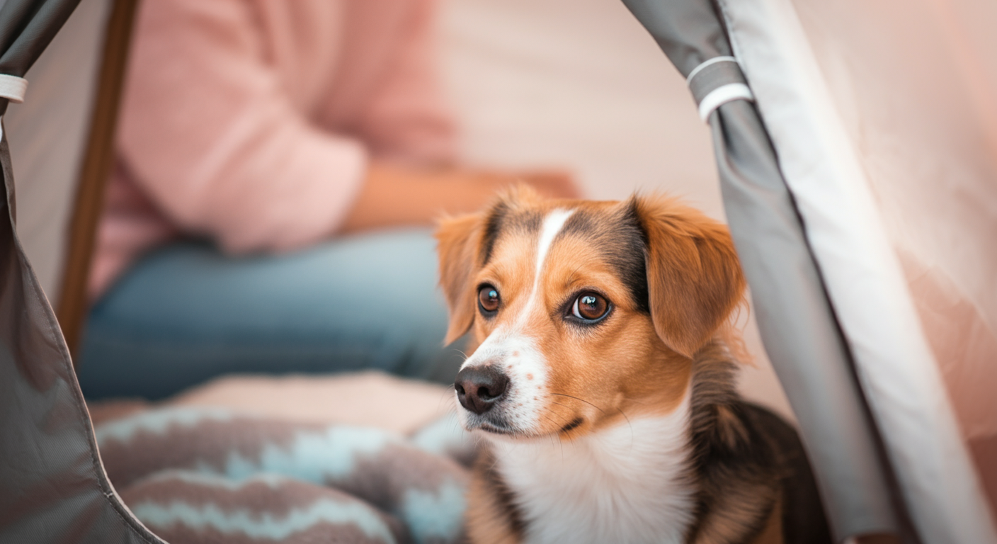 日除けテントの中から外を見た構図。手前には愛犬のお気に入りのブランケットの端が見え、奥には飼い主の姿がぼんやりと写っている。
