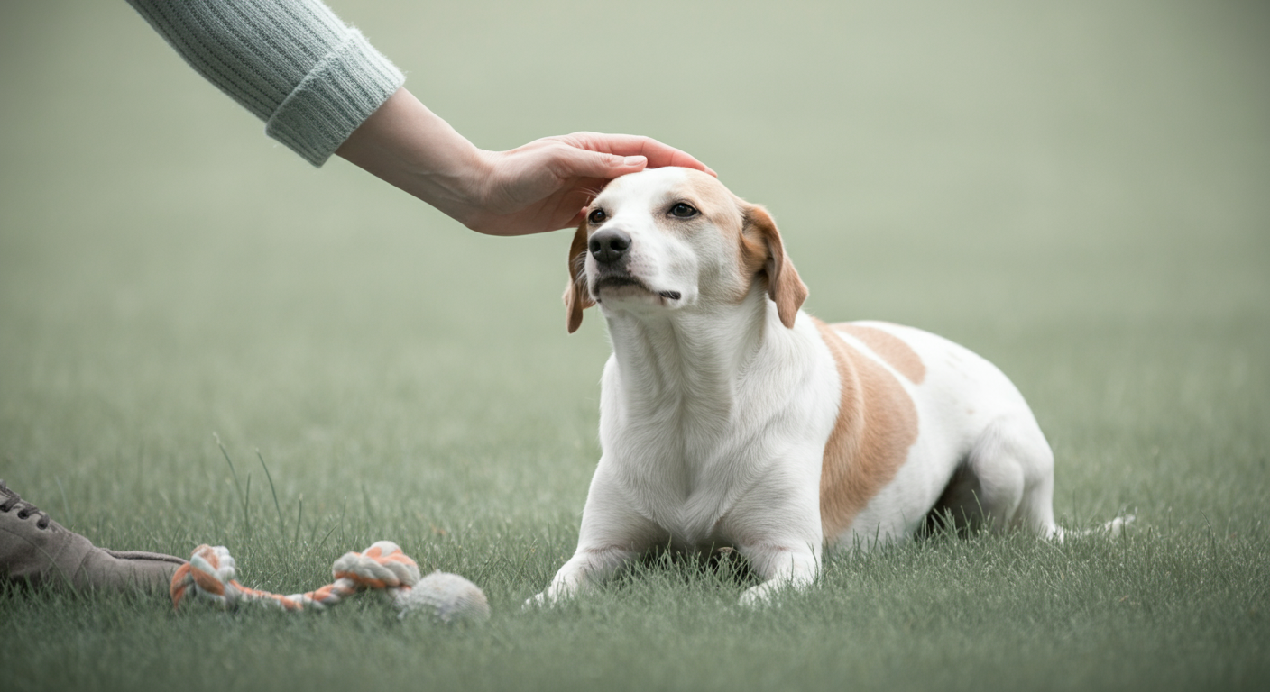遊び終わったおもちゃの横で、飼い主に頭を撫でられている安心した表情の犬