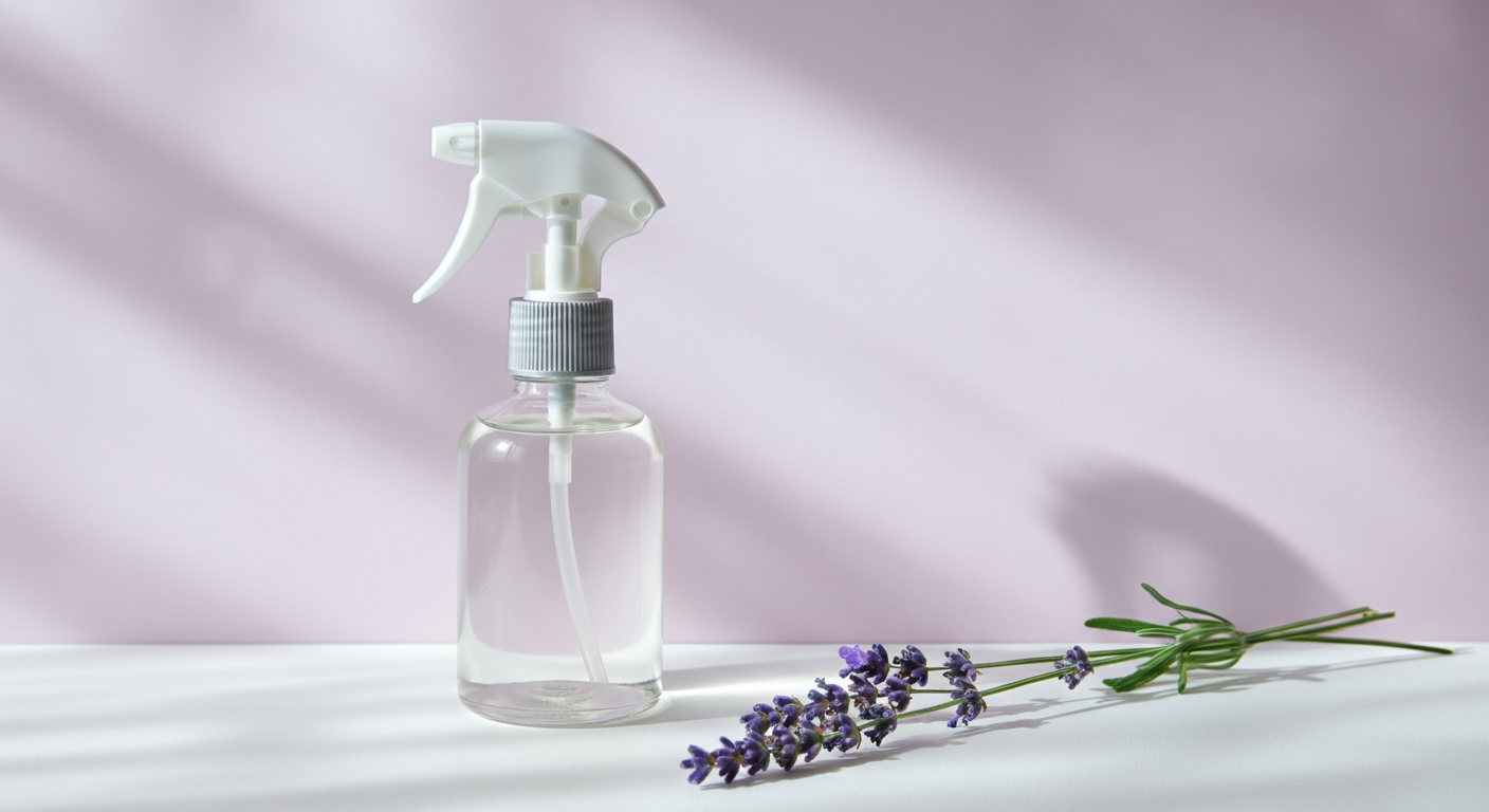 清潔な白いテーブルの上に、ラベンダーの小枝と透明なガラス製のスプレーボトルが置かれている。