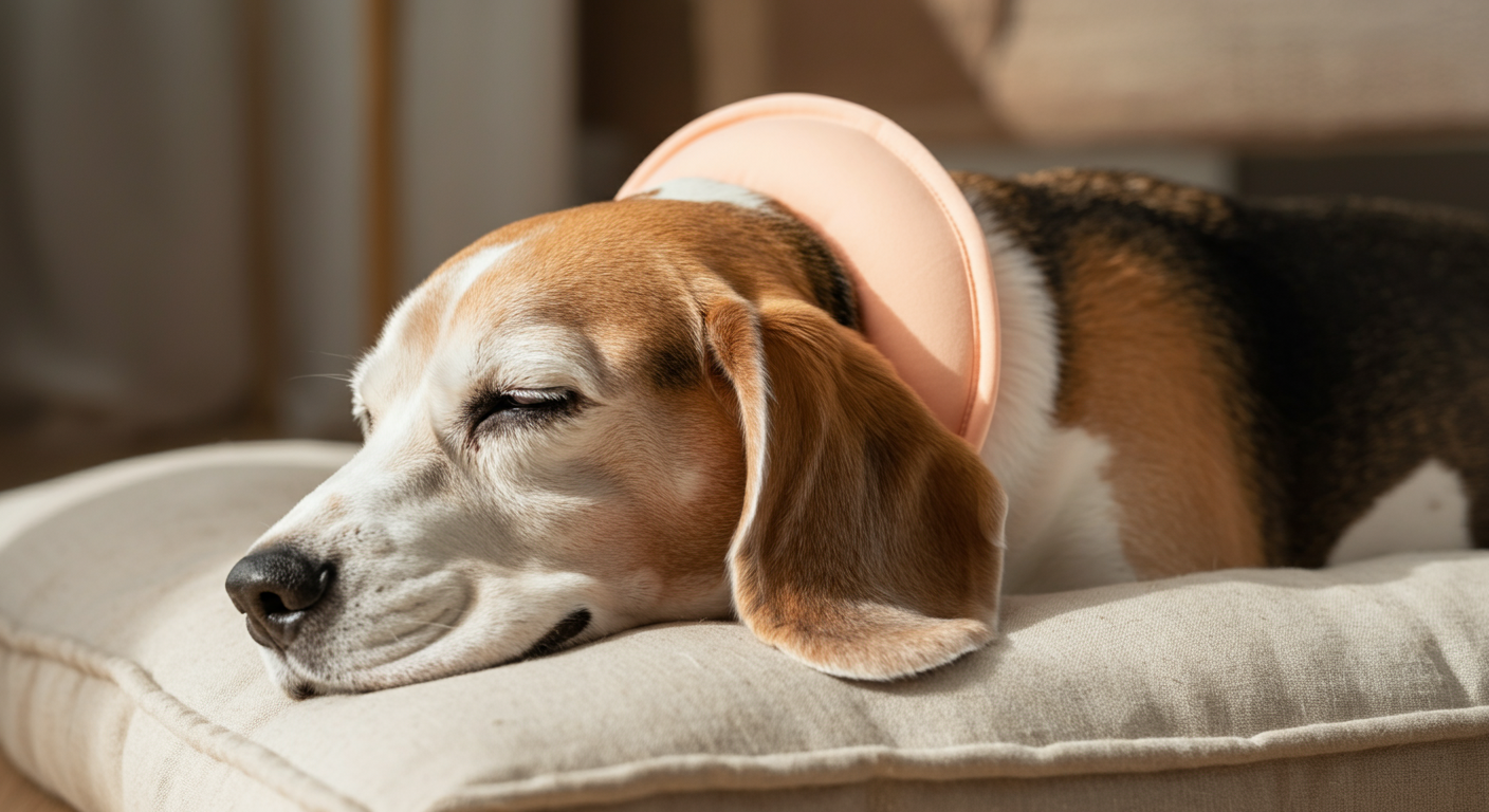 ピーチ色の柔らかいクールネックを着けて、気持ちよさそうに眠っているシニア犬の穏やかな写真。