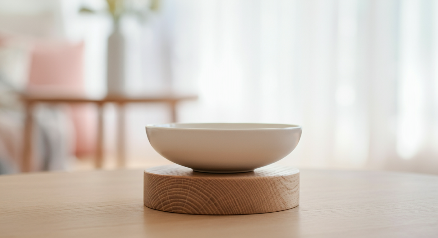 明るいリビングを背景に、オーク材のスタンドに乗った白い陶器の犬用ボウル。
