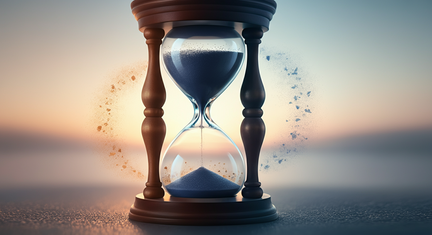 活動前を象徴する朝日と、活動後を象徴する夕暮れを背景にした砂時計の抽象的なイメージ。