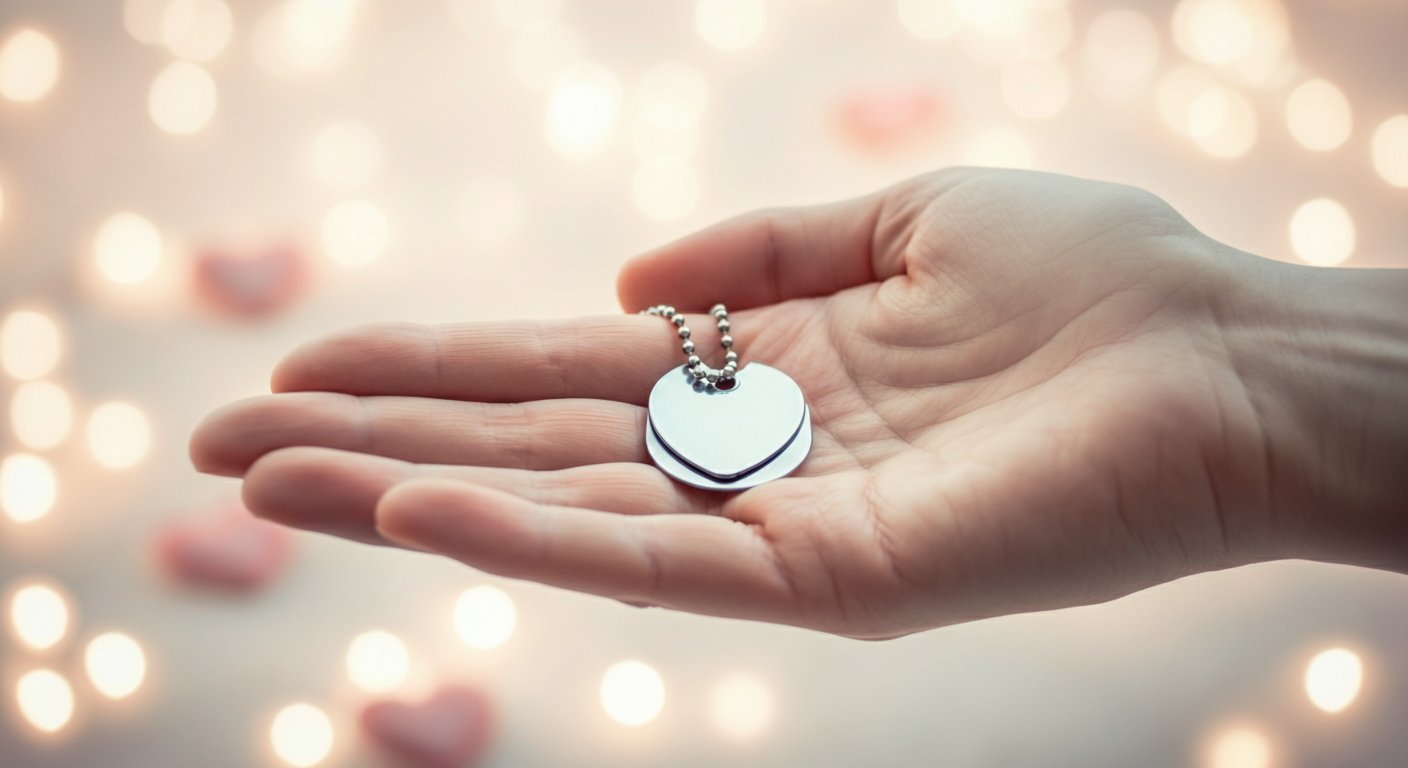 人の手のひらに優しく包まれた、ハート型の迷子札。温かい光が愛情を象徴している。