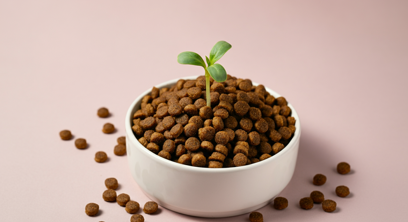 白いボウルに入ったドッグフードの中から、一本の小さな芽が育っている様子を写した概念的な写真。